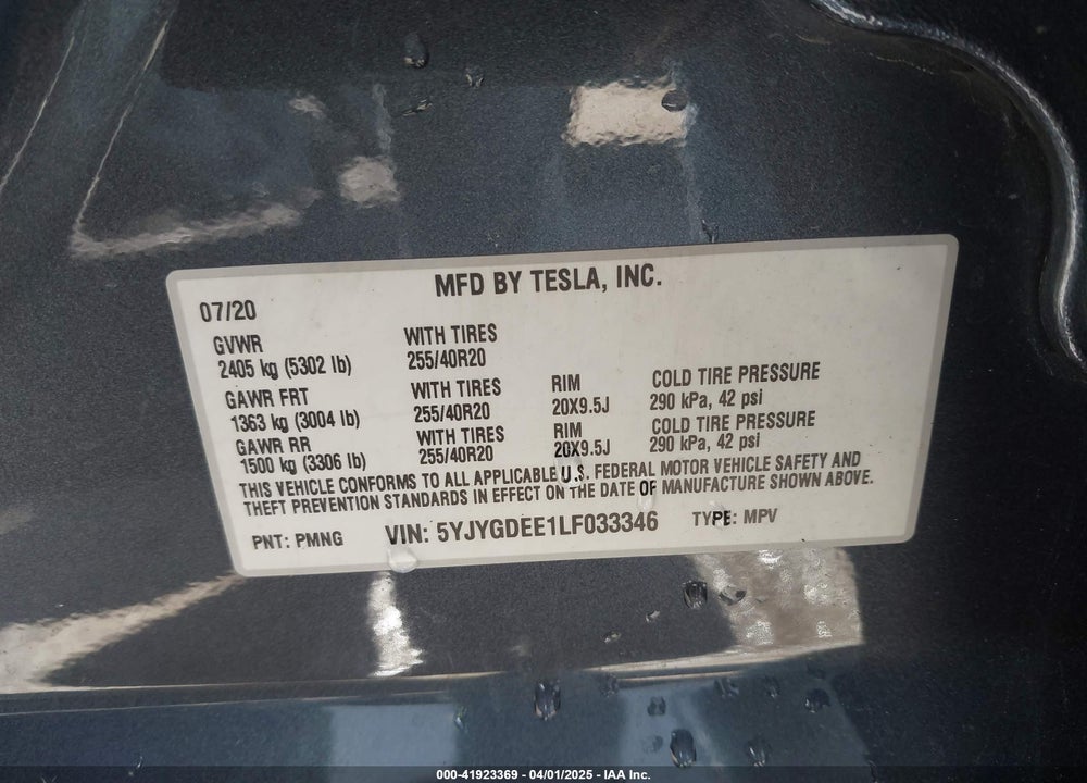 2020 TESLA MODEL Y LONG RANGE DUAL MOTOR ALL-WHEEL DRIVE VIN: 5YJYGDEE1LF033346