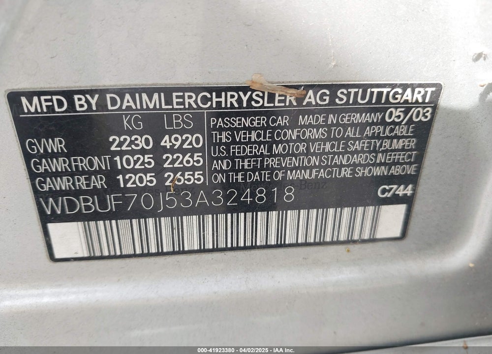 2003 MERCEDES-BENZ E 500 VIN: WDBUF70J53A324818