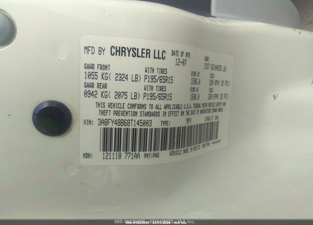 2008 CHRYSLER PT CRUISER VIN: 3A8FY48B68T145003