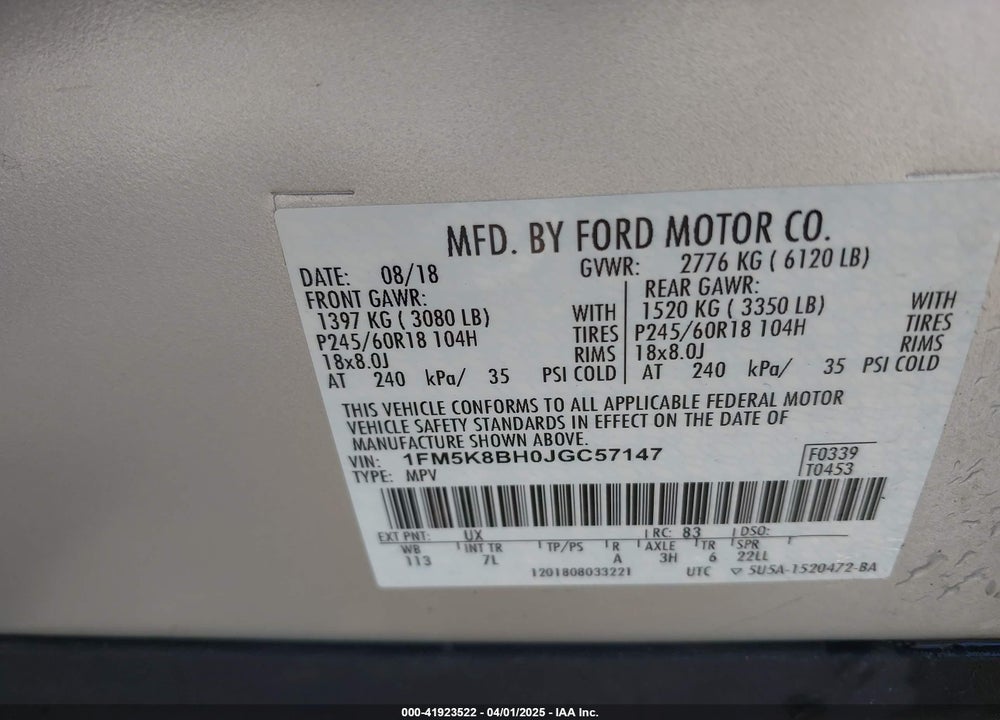 2018 FORD EXPLORER VIN: 1FM5K8BH0JGC57147