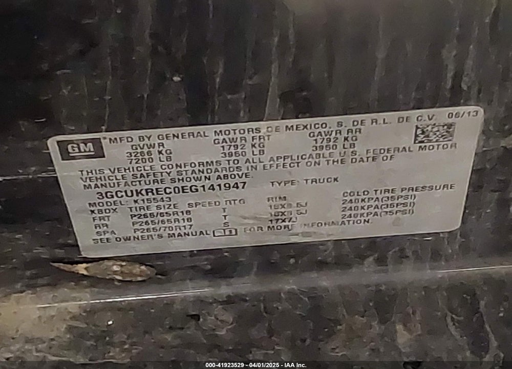 2014 CHEVROLET SILVERADO 1500 1LT VIN: 3GCUKREC0EG141947