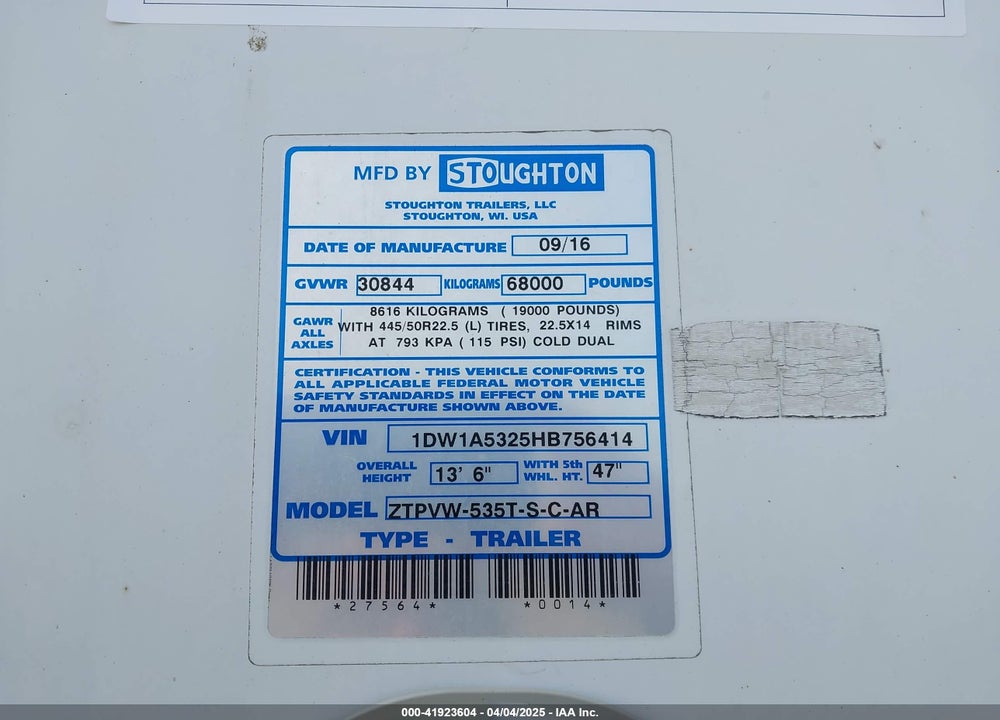 2017 STOUGHTON TRAILERS INC SEMI TRAILER VIN: 1DW1A5325HB756414