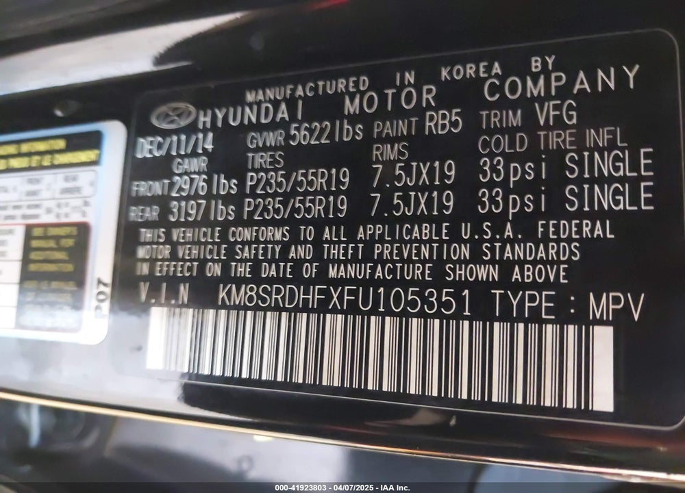 2015 HYUNDAI SANTA FE LIMITED VIN: KM8SRDHFXFU105351