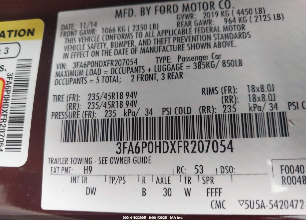 2015 FORD FUSION VIN: 3FA6P0HDXFR207054