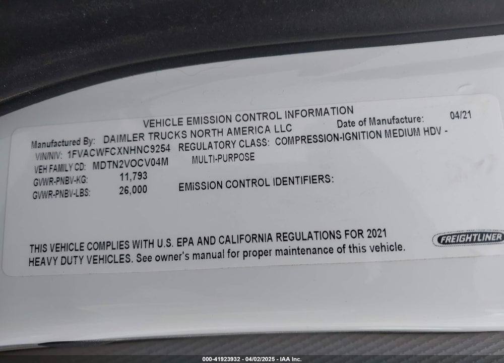 2022 FREIGHTLINER M2 106 VIN: 1FVACWFCXNHNC9254