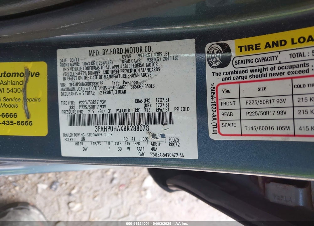 2011 FORD FUSION SE VIN: 3FAHP0HAXBR288078