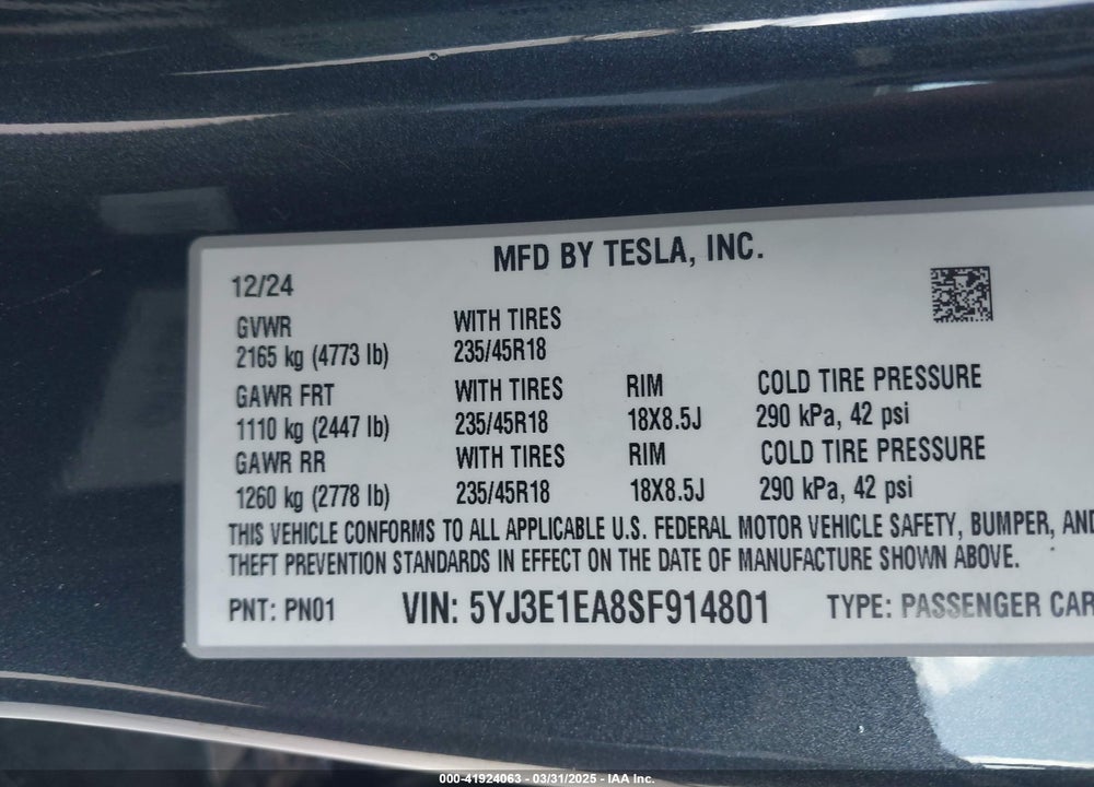 2025 TESLA MODEL 3 LONG RANGE REAR-WHEEL DRIVE VIN: 5YJ3E1EA8SF914801