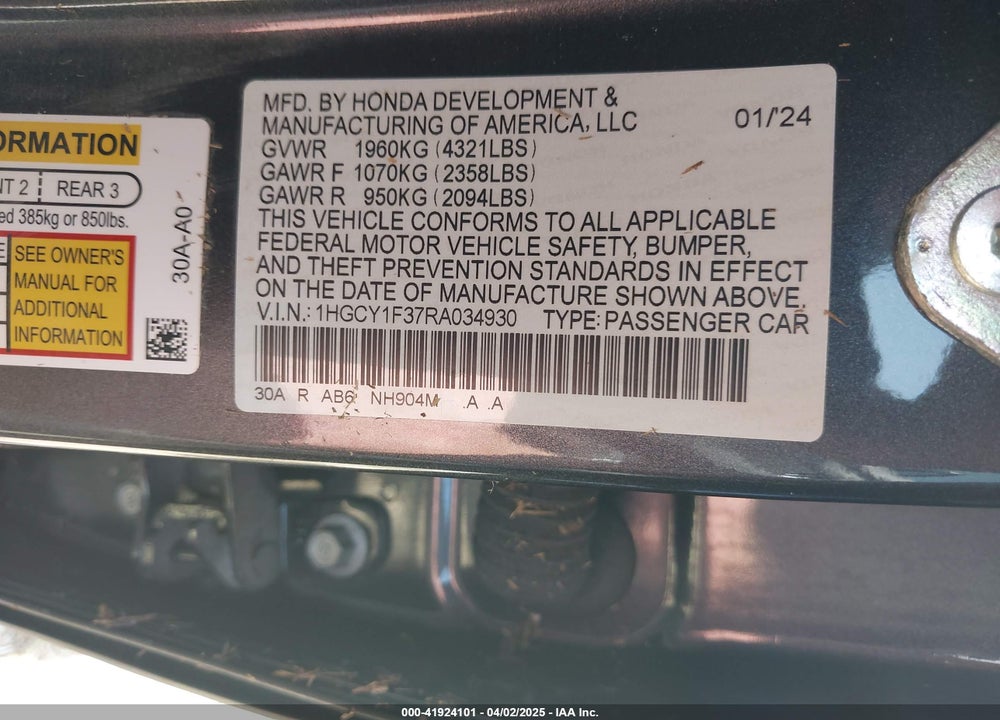 2024 HONDA ACCORD EX VIN: 1HGCY1F37RA034930