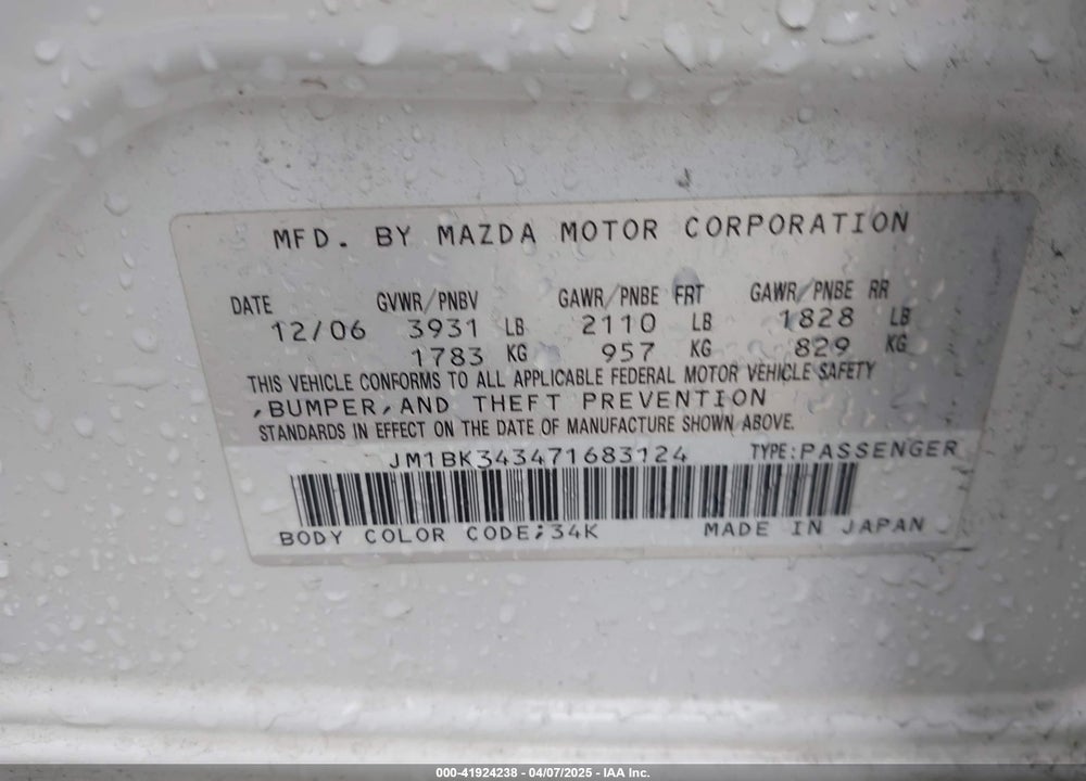 2007 MAZDA MAZDA3 VIN: JM1BK343471683124