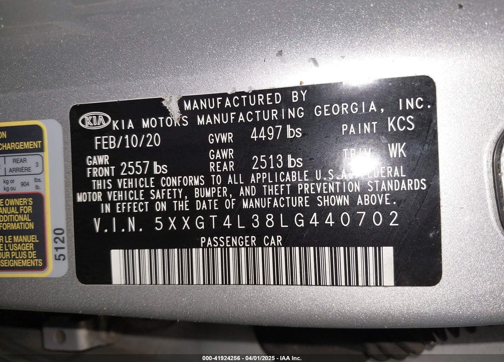 2020 KIA OPTIMA VIN: 5XXGT4L38LG440702