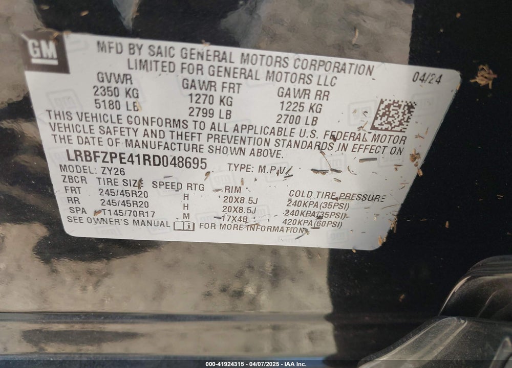 2024 BUICK ENVISION SPORT TOURING AWD VIN: LRBFZPE41RD048695