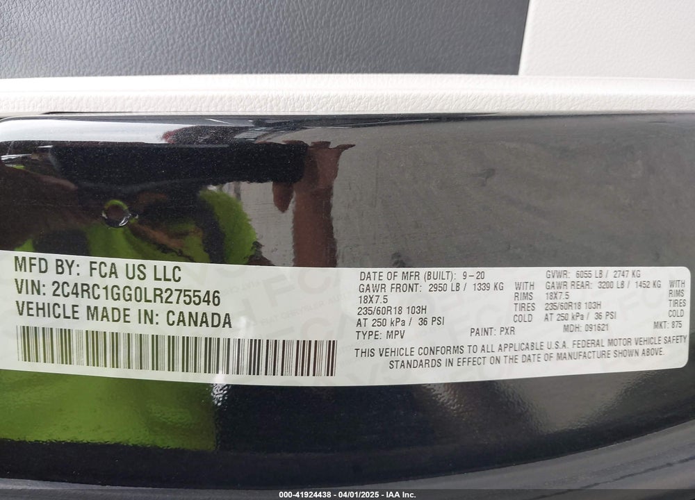 2020 CHRYSLER PACIFICA VIN: 2C4RC1GG0LR275546