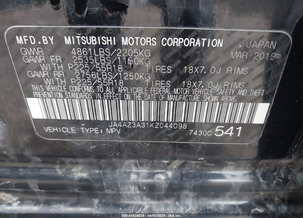 2019 MITSUBISHI OUTLANDER VIN: JA4AZ3A31KZ044098