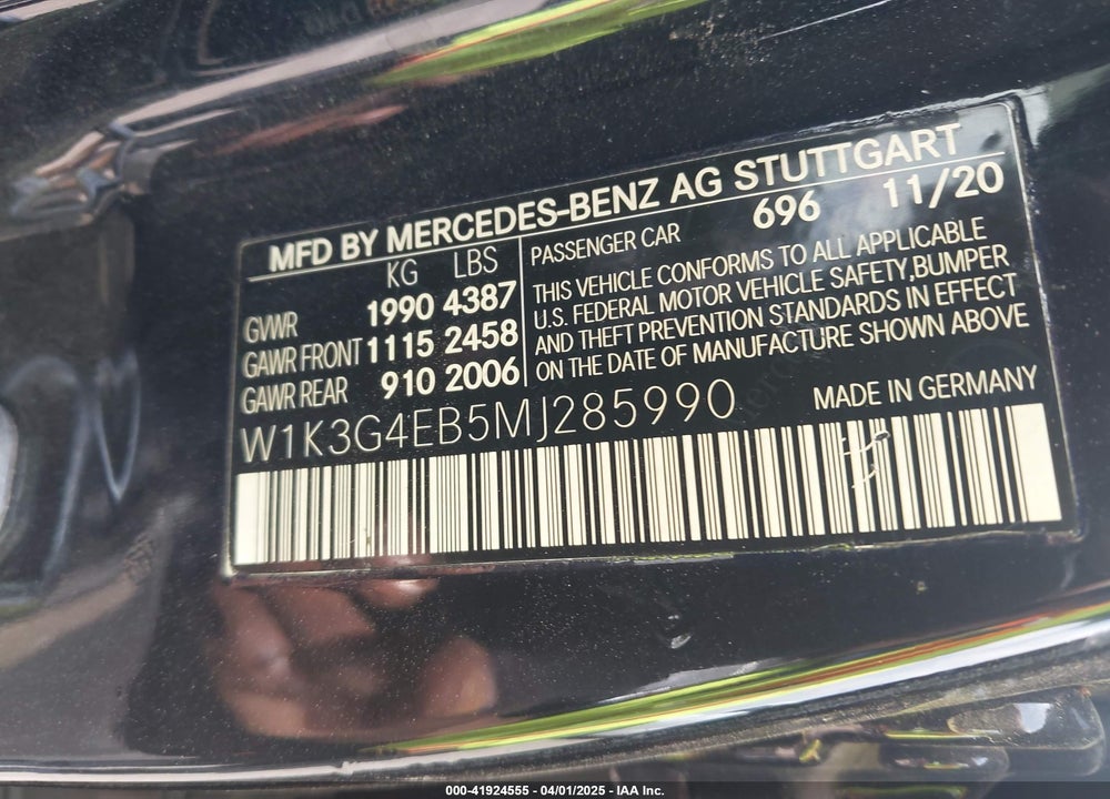 2021 MERCEDES-BENZ A 220 VIN: W1K3G4EB5MJ285990