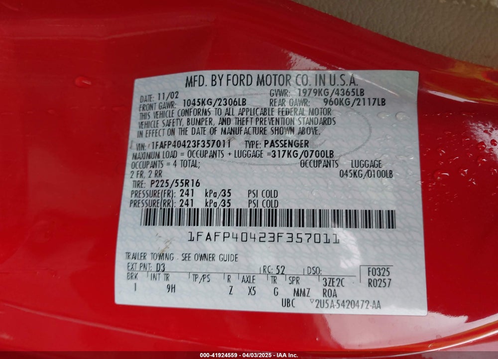 2003 FORD MUSTANG VIN: 1FAFP40423F357011