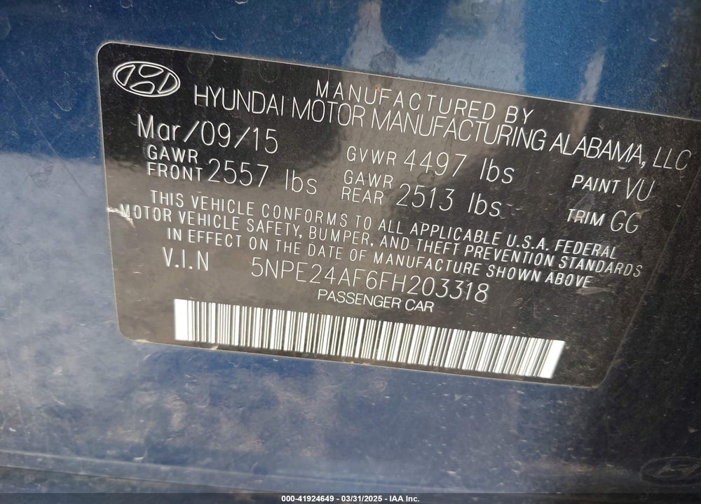 2015 HYUNDAI SONATA VIN: 5NPE24AF6FH203318