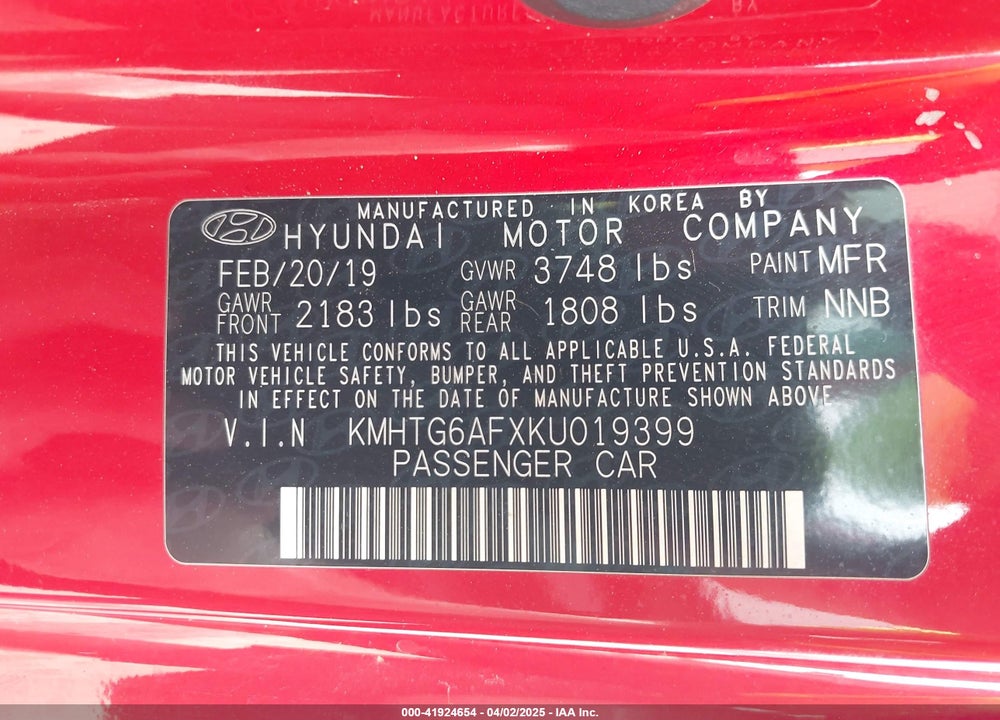 2019 HYUNDAI VELOSTER VIN: KMHTG6AFXKU019399