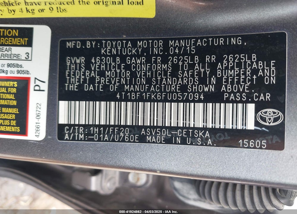 2015 TOYOTA CAMRY VIN: 4T1BF1FK6FU057094