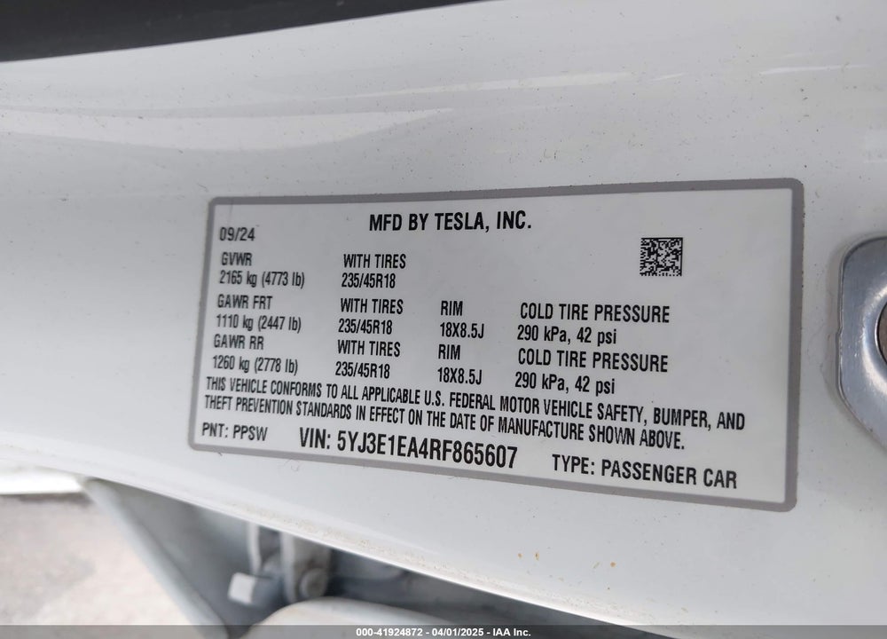 2024 TESLA MODEL 3 LONG RANGE DUAL MOTOR ALL-WHEEL DRIVE/REAR-WHEEL DRIVE VIN: 5YJ3E1EA4RF865607