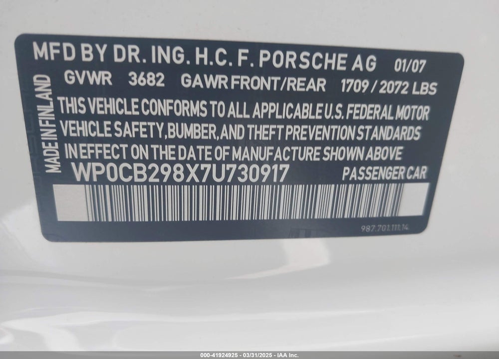 2007 PORSCHE BOXSTER S VIN: WP0CB298X7U730917
