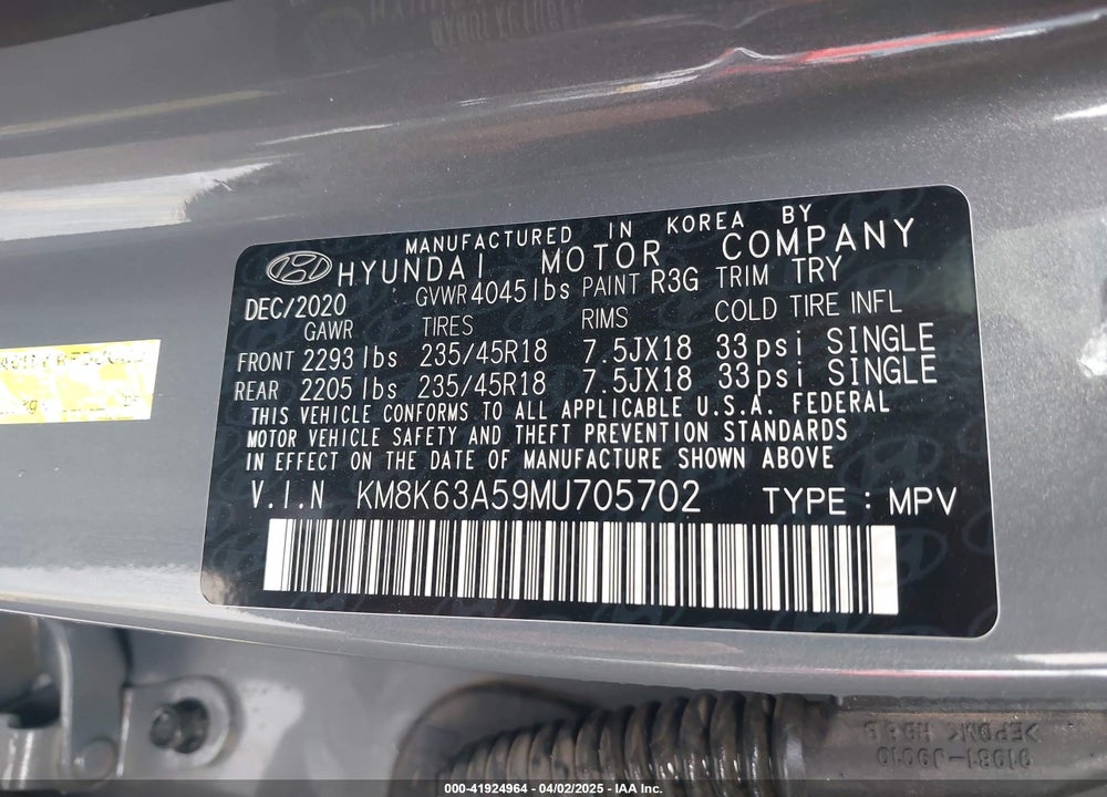 2021 HYUNDAI KONA VIN: KM8K63A59MU705702