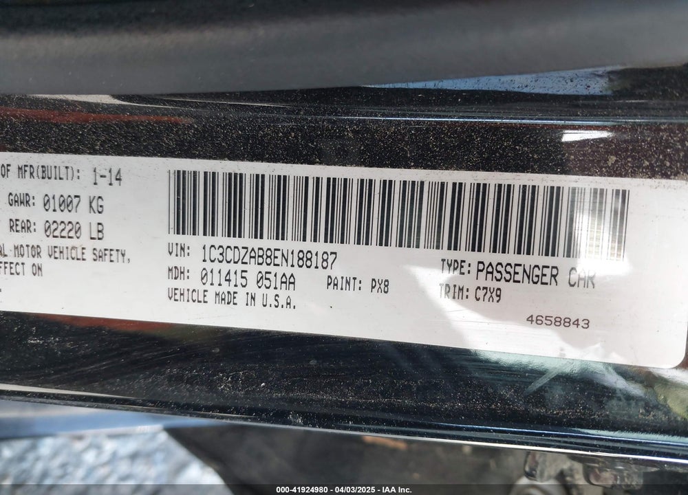 2014 DODGE AVENGER VIN: 1C3CDZAB8EN188187