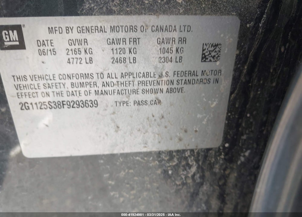 2015 CHEVROLET IMPALA VIN: 2G1125S38F9293639