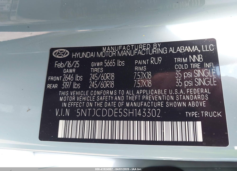 2025 HYUNDAI SANTA CRUZ SEL ACTIVITY VIN: 5NTJCDDE5SH143302