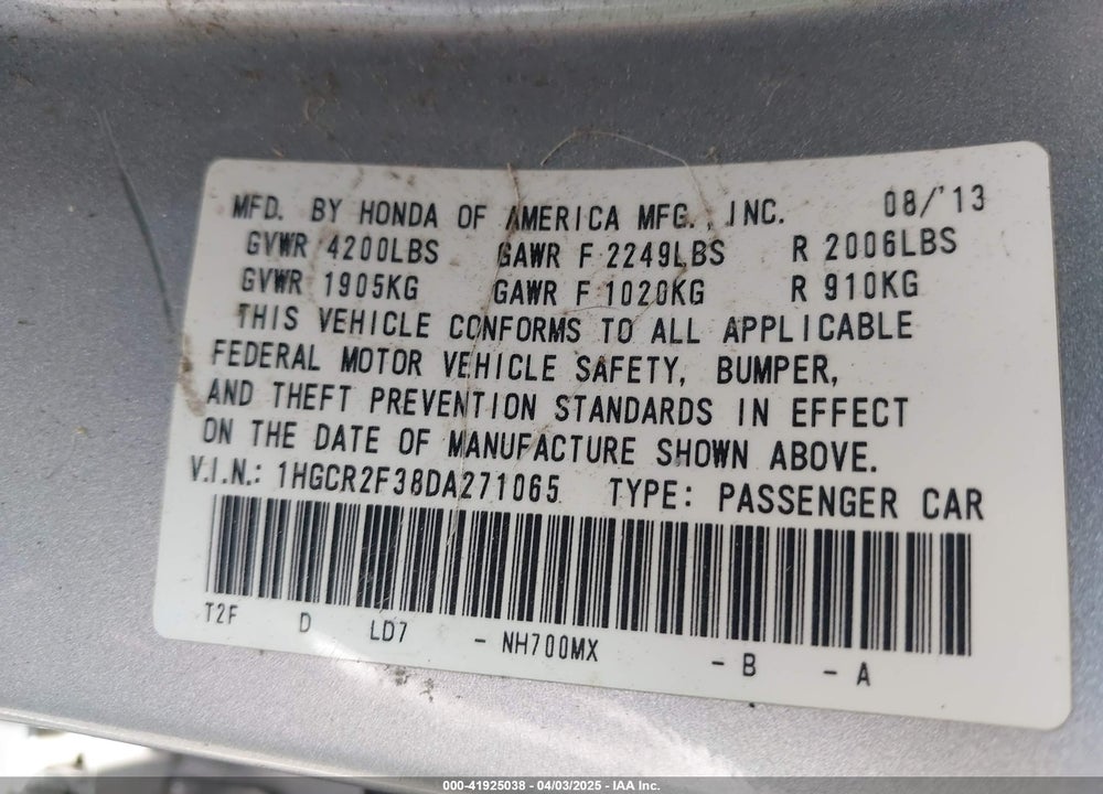 2013 HONDA ACCORD LX VIN: 1HGCR2F38DA271065