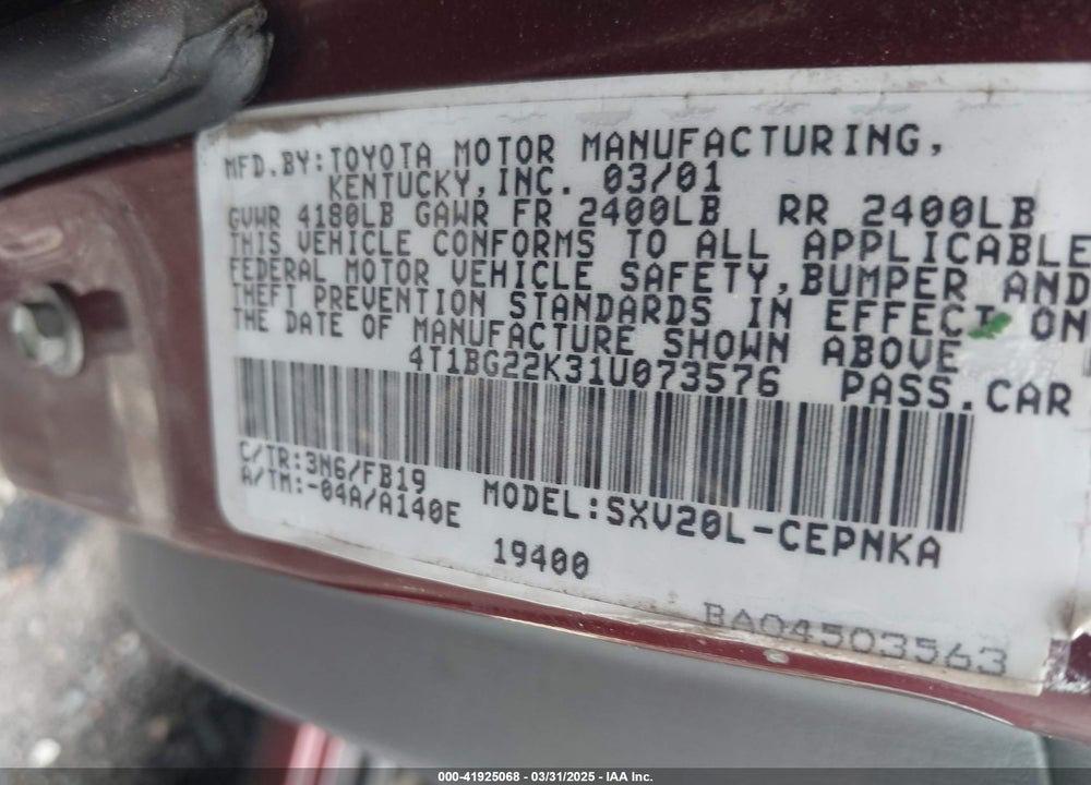 2001 TOYOTA CAMRY LE VIN: 4T1BG22K31U073576
