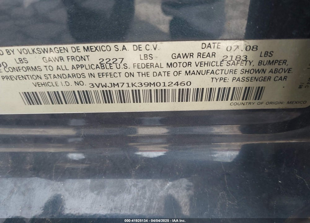 2009 VOLKSWAGEN JETTA VIN: 3VWJM71K39M012460