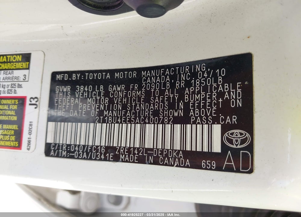 2010 TOYOTA COROLLA VIN: 2T1BU4EE5AC400782
