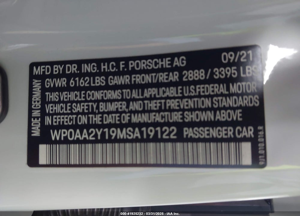 2021 PORSCHE TAYCAN VIN: WP0AA2Y19MSA19122