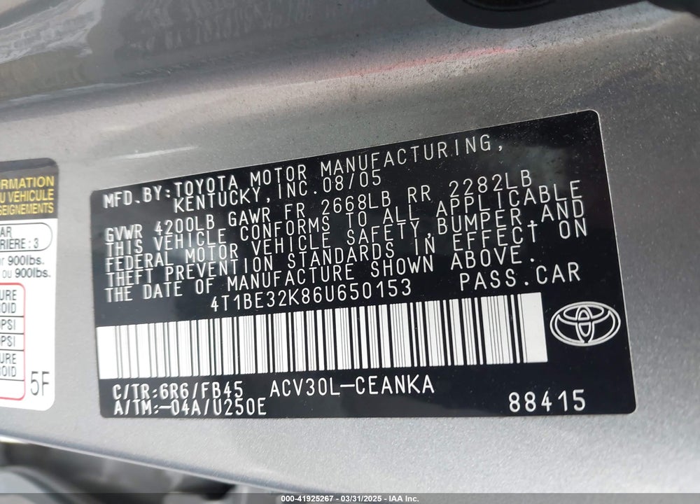 2006 TOYOTA CAMRY VIN: 4T1BE32K86U650153