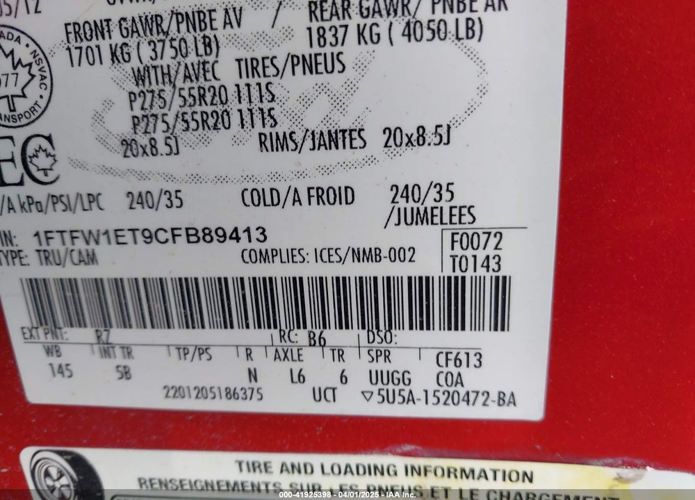 2012 FORD F-150 FX4 VIN: 1FTFW1ET9CFB89413