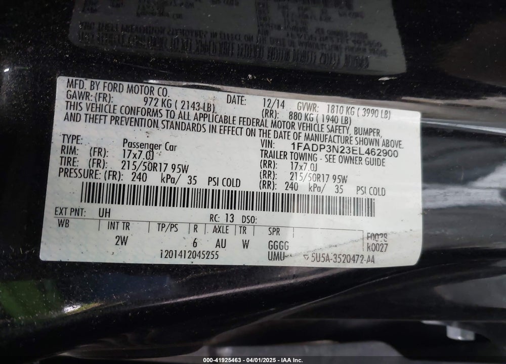 2014 FORD FOCUS TITANIUM VIN: 1FADP3N23EL462900