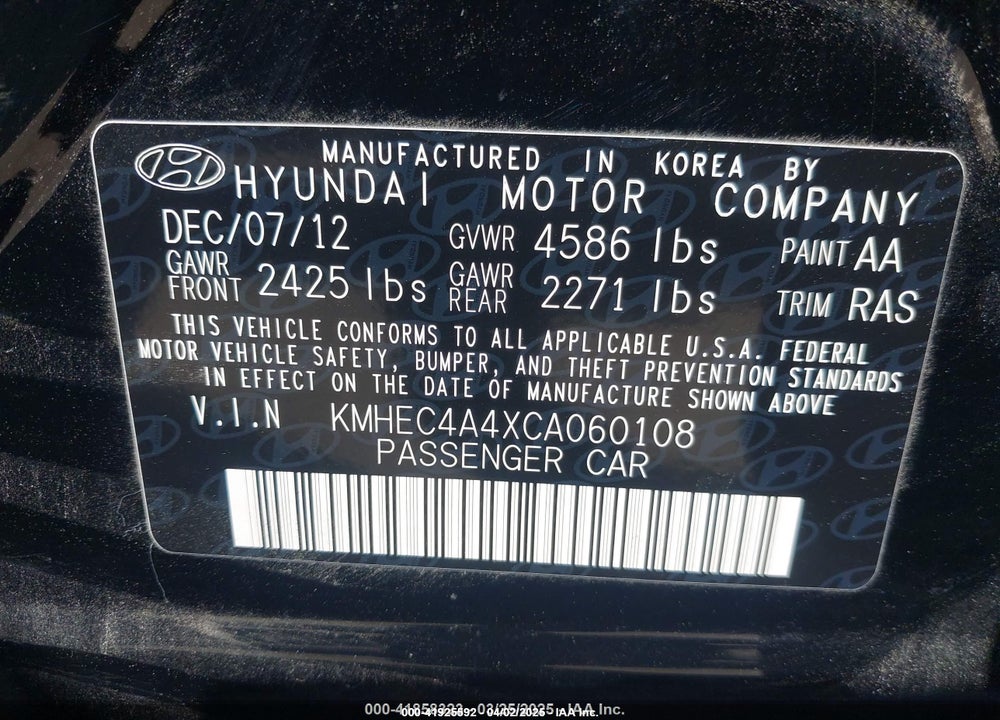2012 HYUNDAI SONATA VIN: KMHEC4A4XCA060108