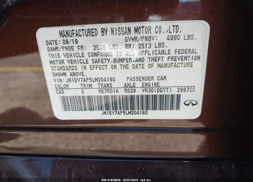 2020 INFINITI Q50 VIN: JN1EV7AP5LM204160
