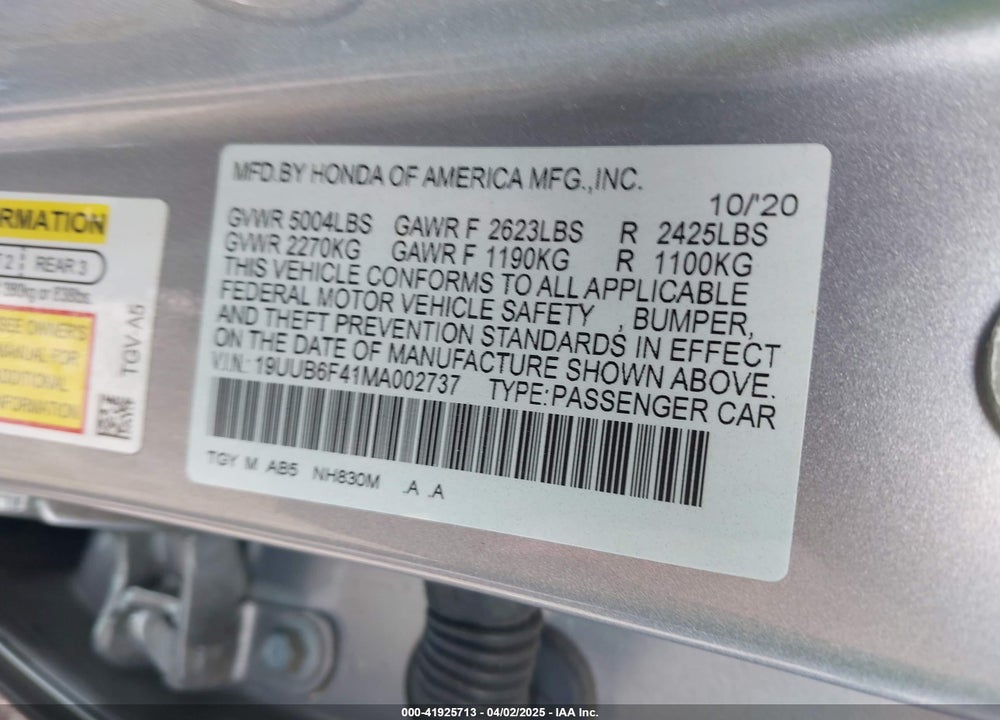 2021 ACURA TLX TECHNOLOGY PACKAGE VIN: 19UUB6F41MA002737