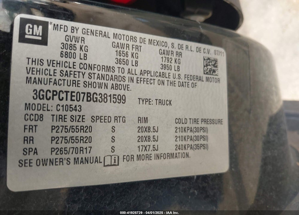 2011 CHEVROLET SILVERADO 1500 LTZ VIN: 3GCPCTE07BG381599