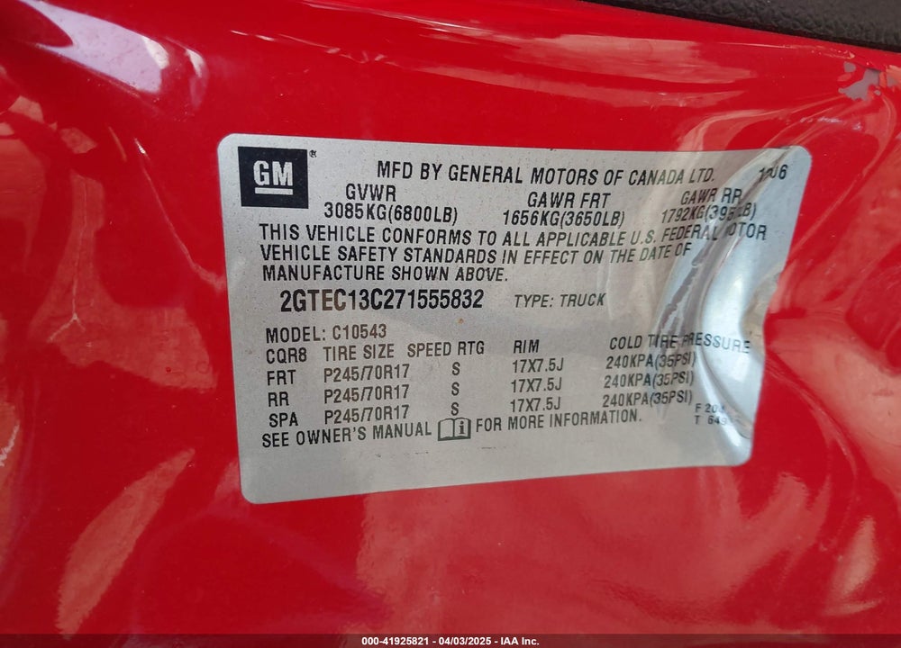 2007 GMC SIERRA 1500 SLE1 VIN: 2GTEC13C271555832