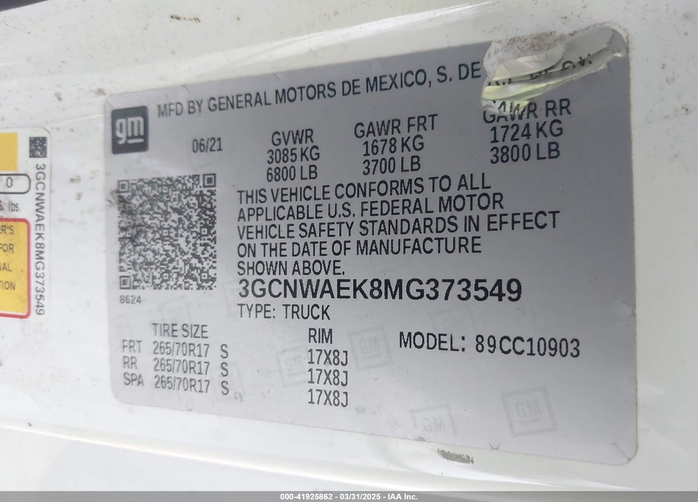 2021 CHEVROLET SILVERADO 1500 VIN: 3GCNWAEK8MG373549