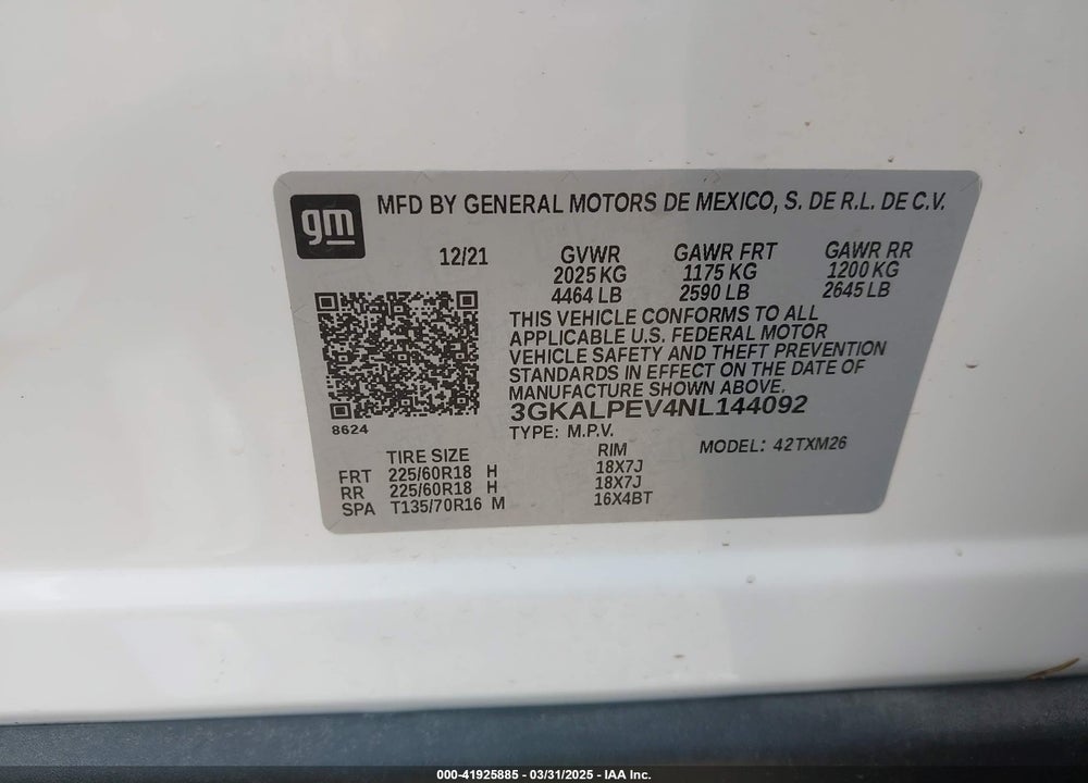 2022 GMC TERRAIN VIN: 3GKALPEV4NL144092
