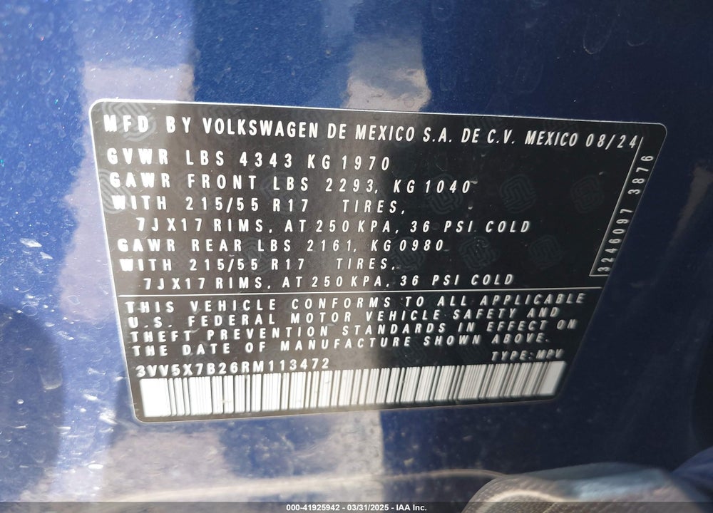 2024 VOLKSWAGEN TAOS VIN: 3VV5X7B26RM113472