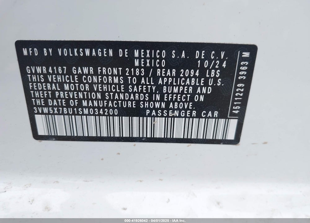 2025 VOLKSWAGEN JETTA VIN: 3VW5X7BU1SM034200