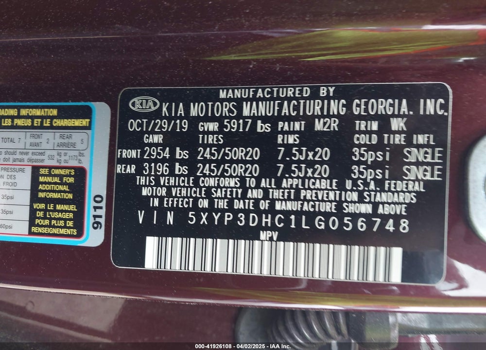 2020 KIA TELLURIDE VIN: 5XYP3DHC1LG056748
