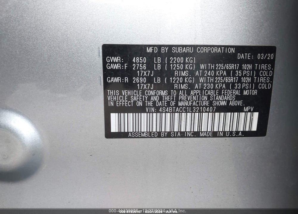 2020 SUBARU OUTBACK VIN: 4S4BTACC1L3210407