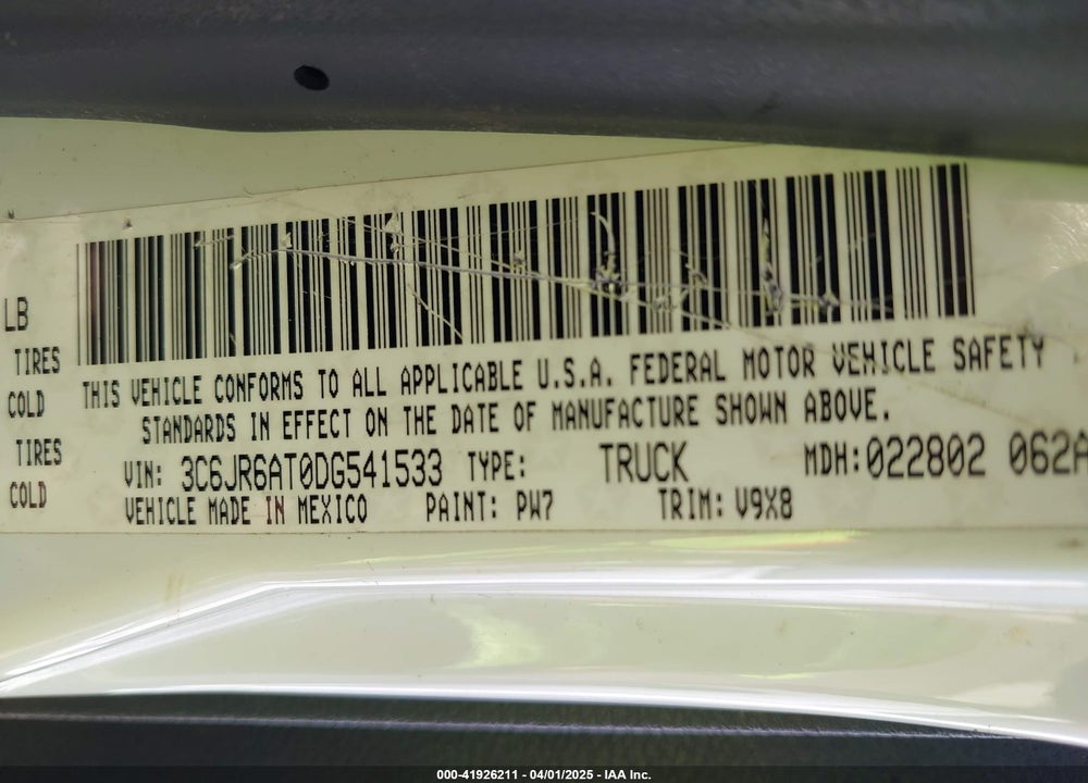 2013 RAM 1500 TRADESMAN VIN: 3C6JR6AT0DG541533