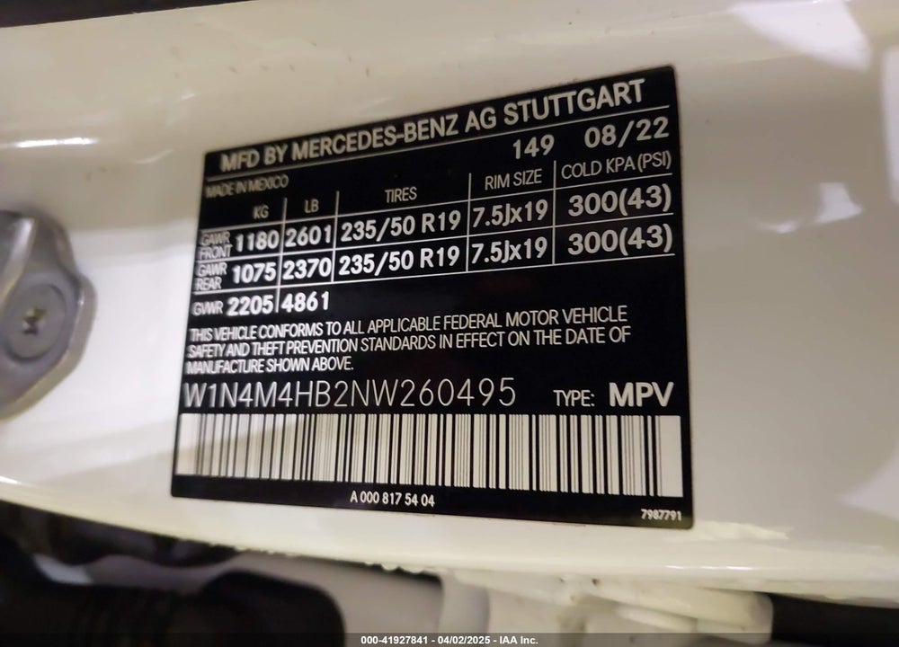 2022 MERCEDES-BENZ GLB 250 4MATIC VIN: W1N4M4HB2NW260495