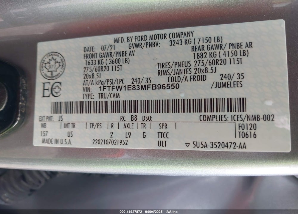 2021 FORD F-150 VIN: 1FTFW1E83MFB96550
